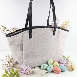 Neiman Marcus Cream Sherpa Shoulder Tote with Black Trim